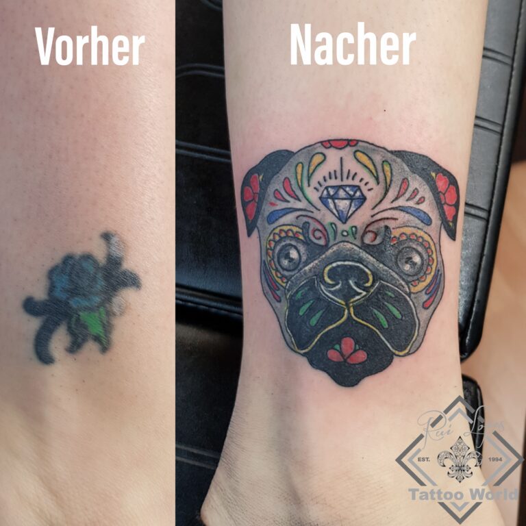 Cover-up vorher und nachher: farbiger Mops