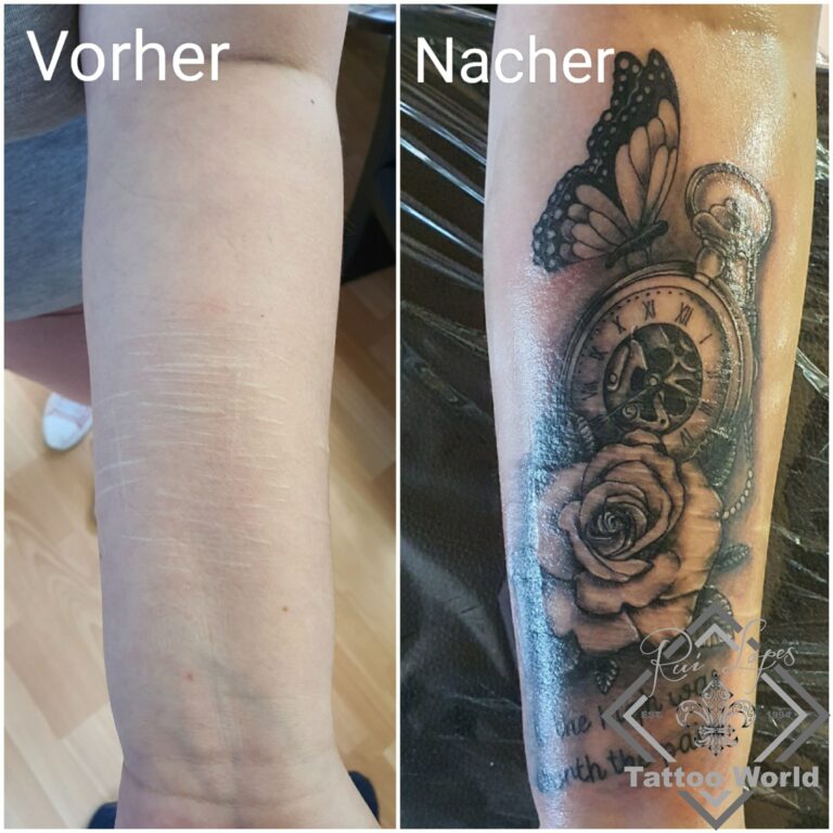 Cover-up mit Uhr und Rose, vorher und nachher